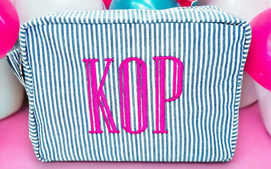 SEERSUCKERED EMBROIDERED MONOGRAM COSMETIC BAG